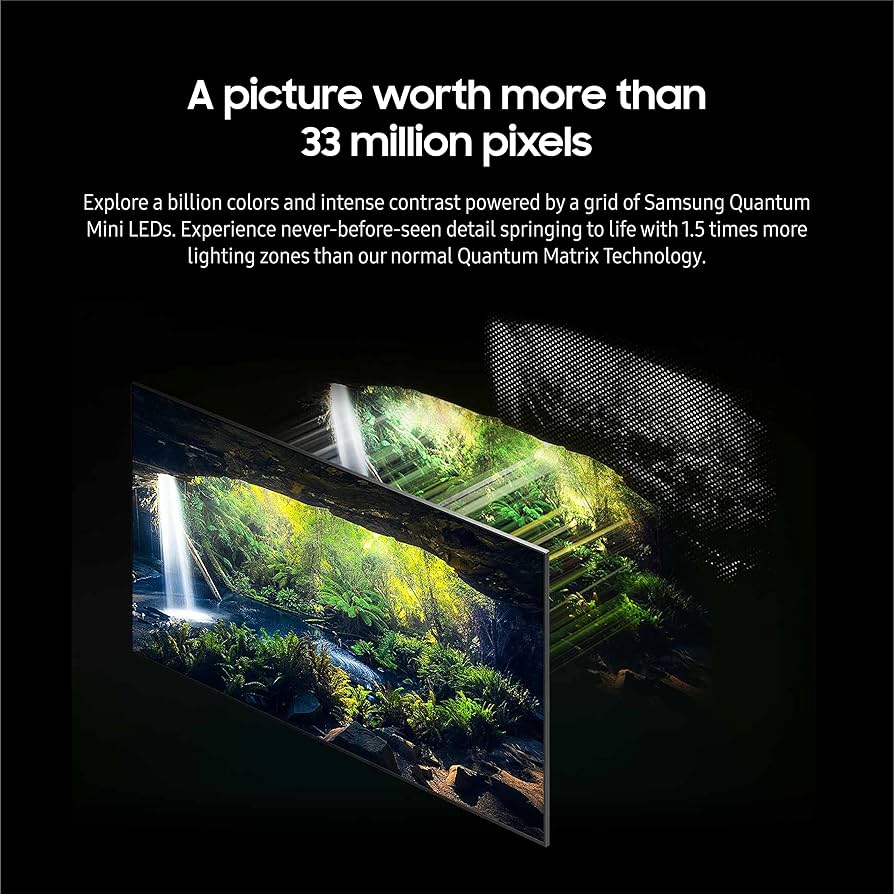 Samsung’s 8K TV displaying vibrant colors with Quantum Mini LED technology, offering superior contrast and detail.