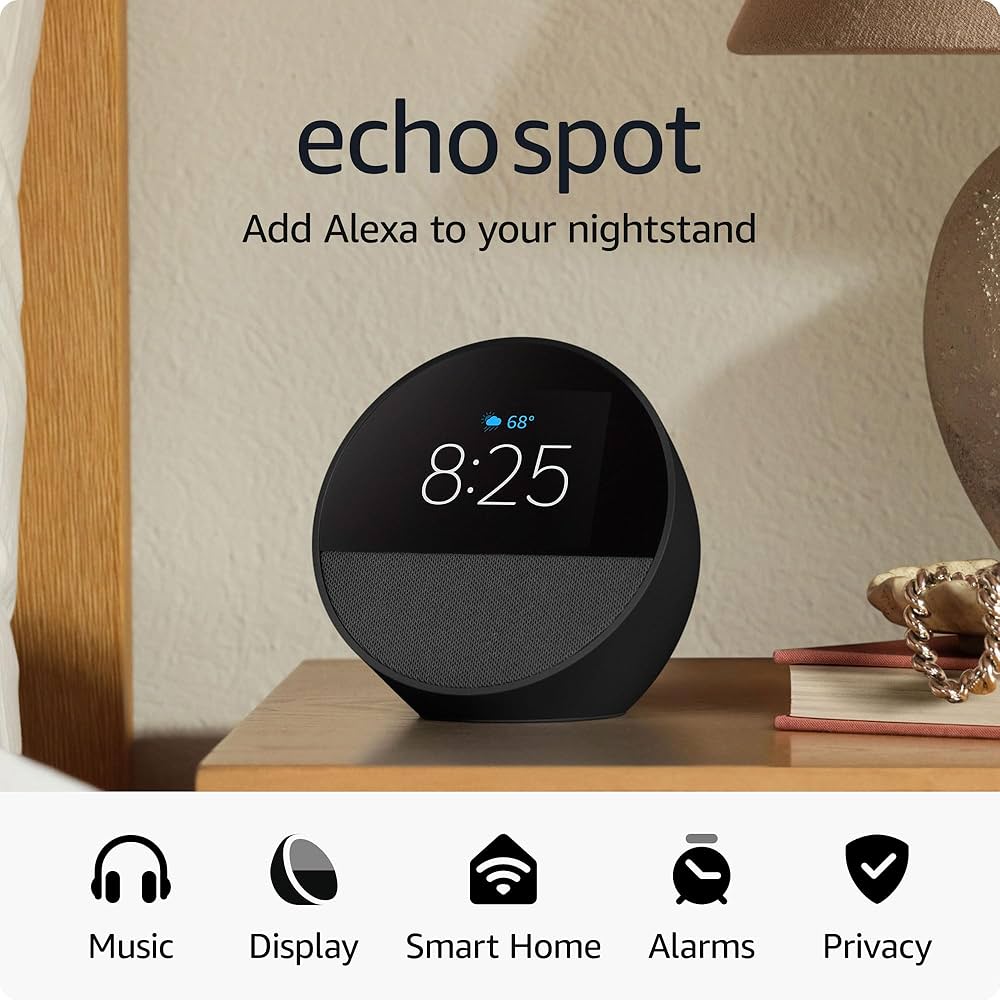 Amazon Echo Spot smart display showing the time and weather with Alexa voice assistant, ideal for nightstands and home use.