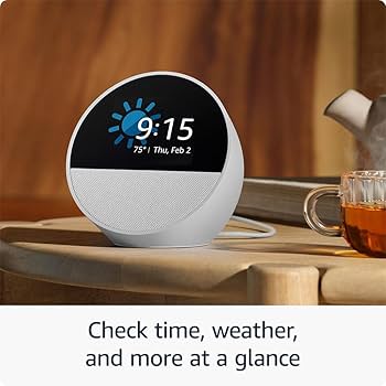 Amazon Echo Spot smart speaker with a 2.5-inch display showing time, weather, and date for easy at-a-glance information.