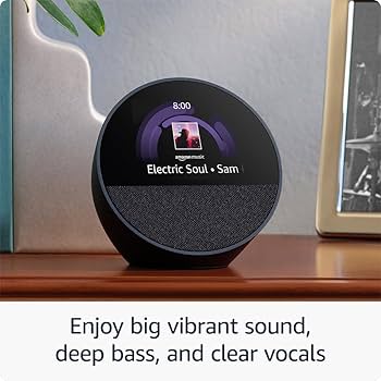 Amazon Echo Spot providing high-quality sound with vibrant bass and clear vocals, perfect for music and entertainment.