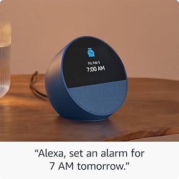 Amazon Echo Spot set as an alarm clock, voice-controlled by Alexa to set an alarm for a specified time.